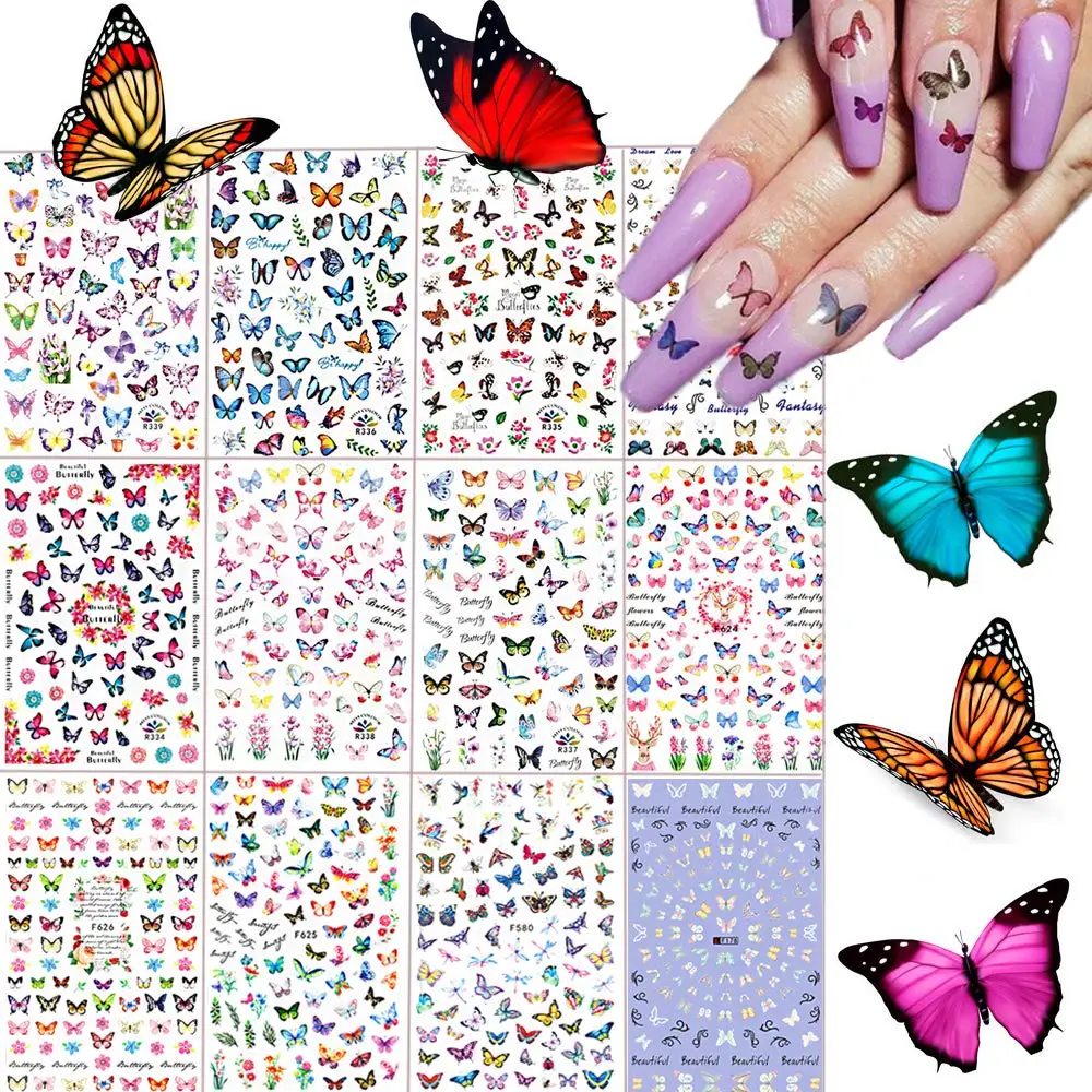 12 Листов, наклейки для ногтей с бабочками, самоклеящиеся наклейки для ногтей, наклейки для дизайна ногтей, наклейки для ногтей для девочек