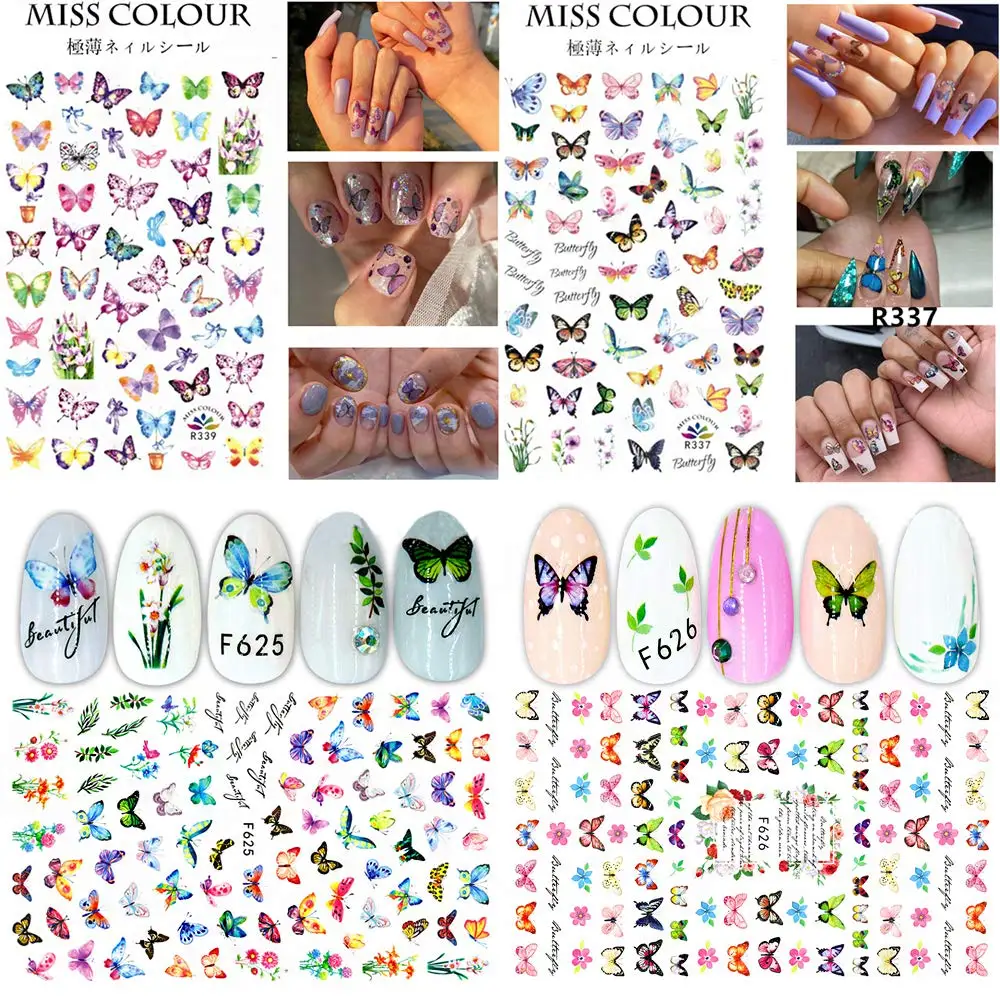 12 Листов, наклейки для ногтей с бабочками, самоклеящиеся наклейки для ногтей, наклейки для дизайна ногтей, наклейки для ногтей для девочек