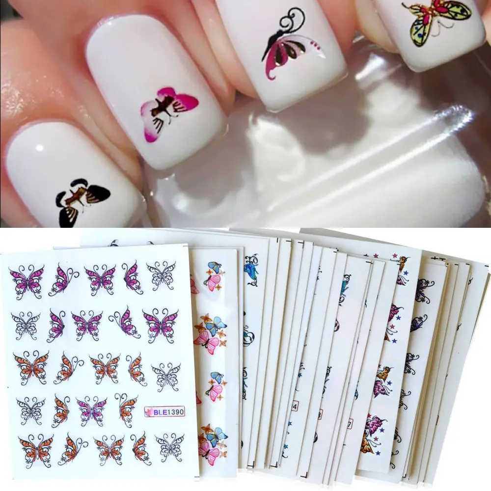 30 Листов Летней блестящей аппликации для ногтей, модные 3D бабочки, красочные наклейки из фольги для ногтей, милые наклейки с водяными знаками для ногтей