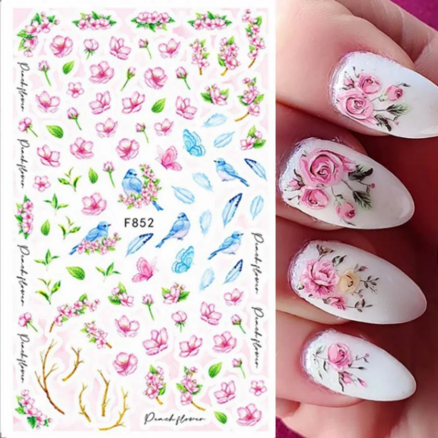 3D Наклейки для ногтей Цветы Розовые Фиолетовые Акварельные чернила Цветочные рисунки Лист Геометрическая Линия Лепестки Наклейки Для дизайна ногтей Украшения маникюра