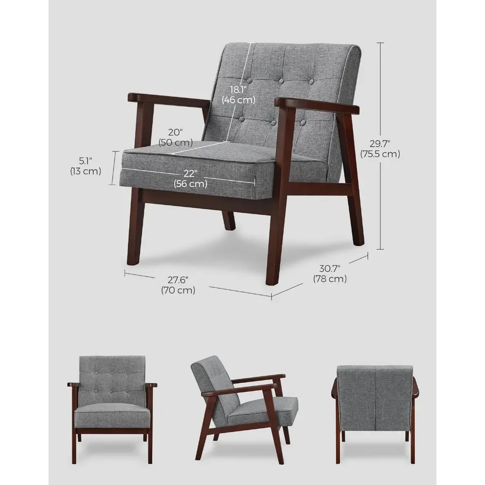 Кресло для отдыха Accent, Современное кресло середины века с Подлокотниками и ножками из массива дерева, 1-местный Мягкий диван, Светло-серый