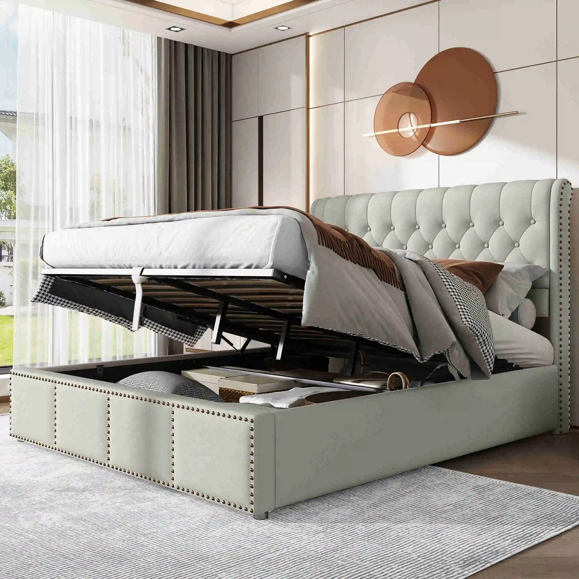 Кровать с обивкой из хлопчатобумажного полотна, с гидравлическим рычагом, ящиками для хранения постельного белья, декорированная заклепками, 140 x 200 см, без матраса