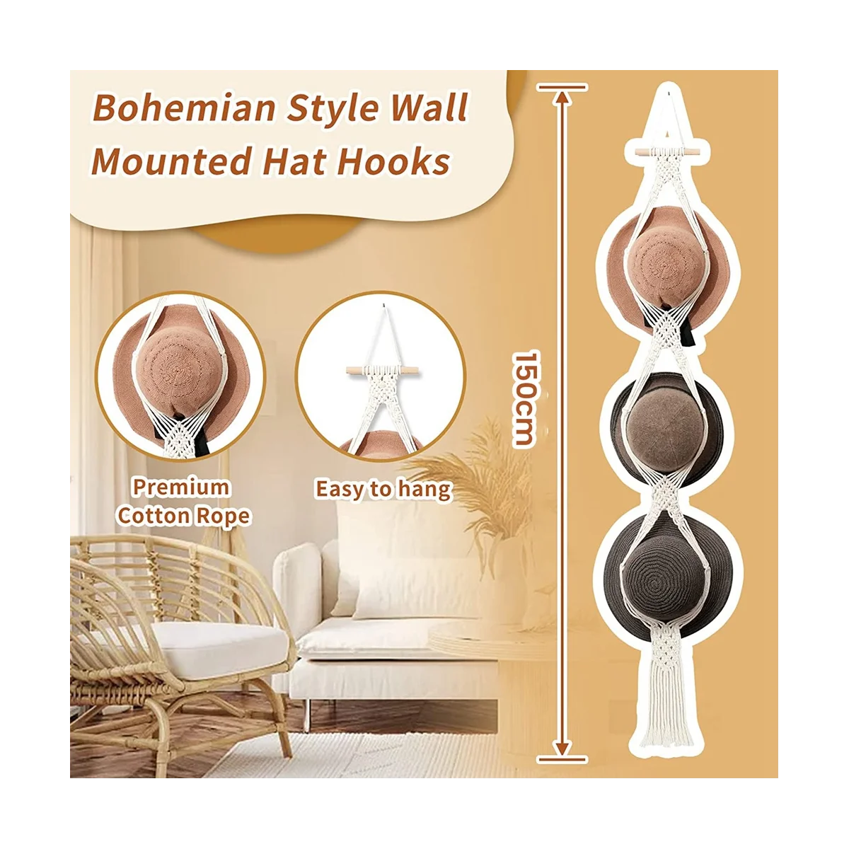 Вешалка для шляп из макраме для настенного дисплея, держатель для шляп Bohe Mia для хранения в органайзере, декоративная кепка с широкими полями - 2 упаковки