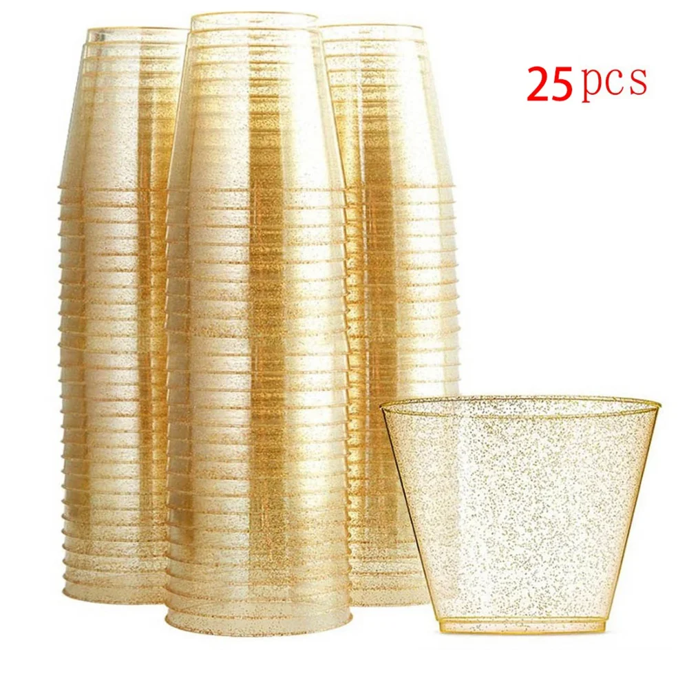 Золотые пластиковые стаканчики Прозрачные пластиковые бокалы для вина, модные одноразовые жесткие пластиковые стаканчики с золотым блеском для вечеринок 25шт