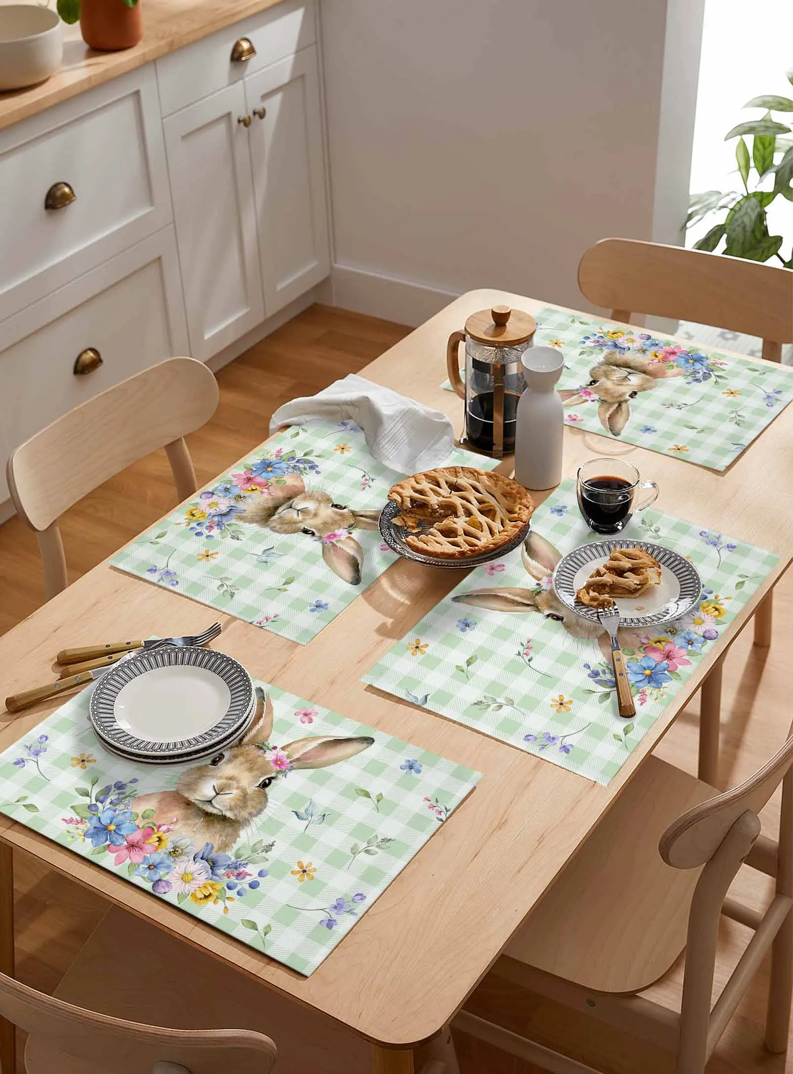 Пасхальный кролик, Весенний цветок, Зеленый Клетчатый коврик для стола, Свадьба, праздник, Вечеринка, Обеденный стол, Столовые приборы, Кухонные принадлежности, Салфетка для стола.