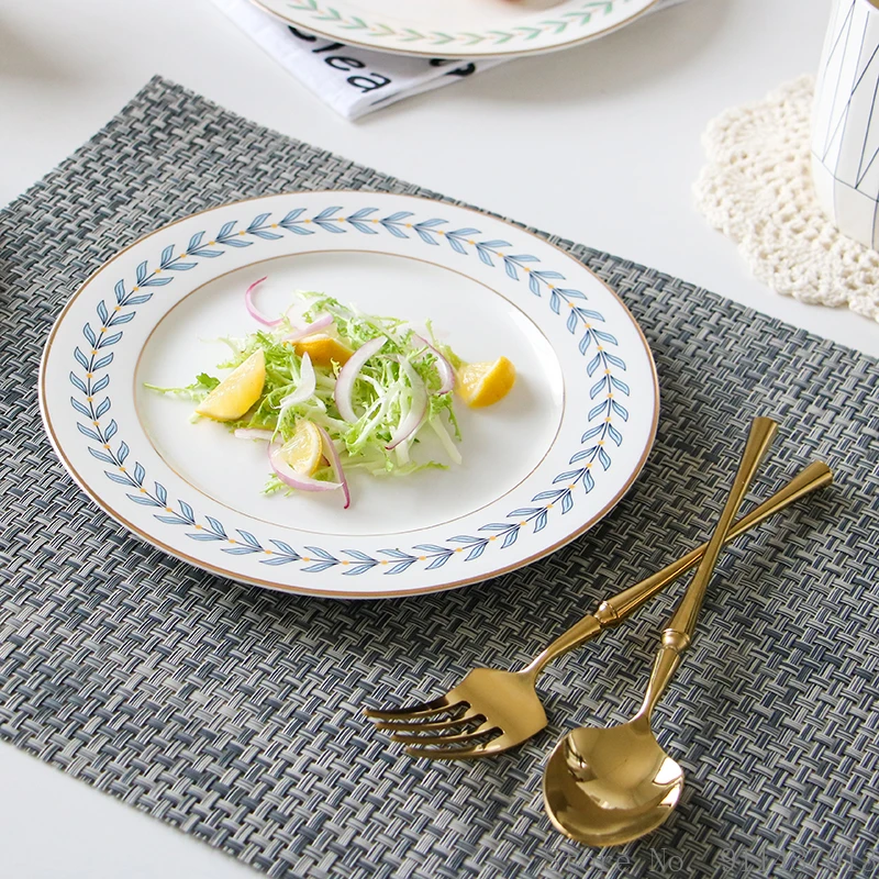 Тарелка для ужина в скандинавском стиле из зеленых листьев С золотым ободком, Декоративный салат, десерт, Домашняя кухня, Ресторанные принадлежности, Керамическая тарелка для стейка 8 дюймов