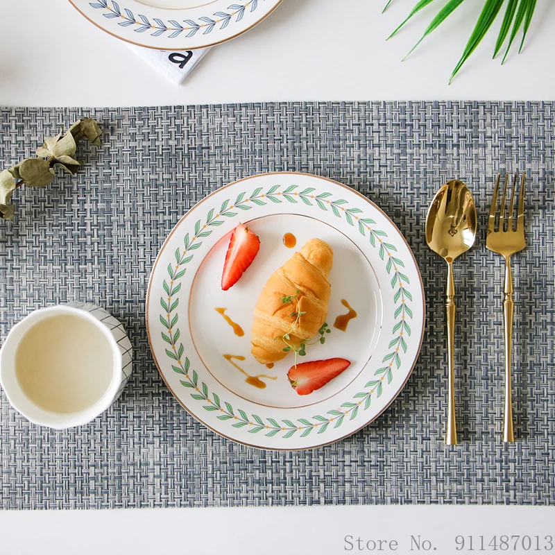 Тарелка для ужина в скандинавском стиле из зеленых листьев С золотым ободком, Декоративный салат, десерт, Домашняя кухня, Ресторанные принадлежности, Керамическая тарелка для стейка 8 дюймов