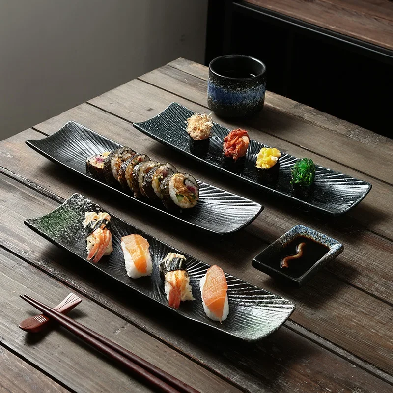 Прямоугольная тарелка для сашими, холодное блюдо, Керамический диск, специальная длинная тарелка для приготовления японских суши в винтажном ресторане, креативная тарелка