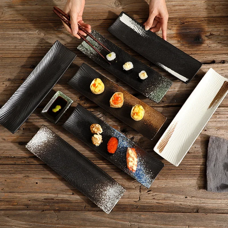 Прямоугольная тарелка для сашими, холодное блюдо, Керамический диск, специальная длинная тарелка для приготовления японских суши в винтажном ресторане, креативная тарелка