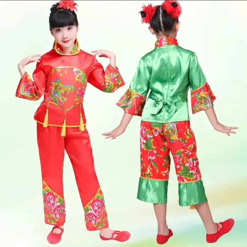 Новогодний красный детский костюм Hanfu для девочек, одежда в национальном молодежном стиле, одежда для сценических танцев Fan Yangko, костюмы