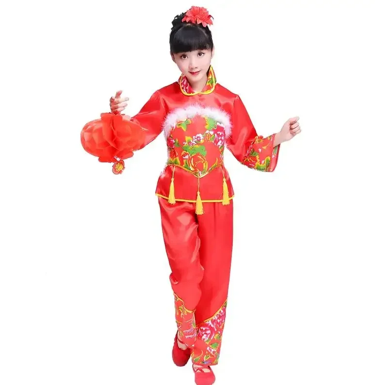 Новогодний красный детский костюм Hanfu для девочек, одежда в национальном молодежном стиле, одежда для сценических танцев Fan Yangko, костюмы