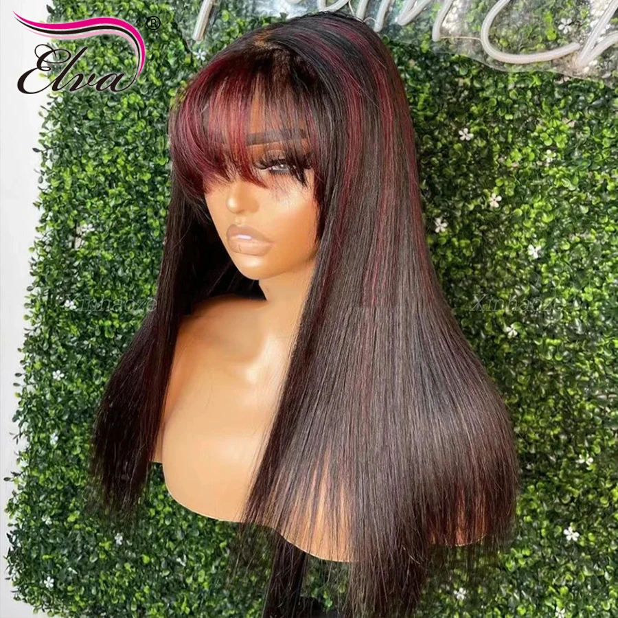 Выделите Цветной Прямой парик из человеческих волос 13x6 на кружеве спереди с челкой 99J для женщин Бразильский Бордовый 360 Фронтальных полных кружевных париков