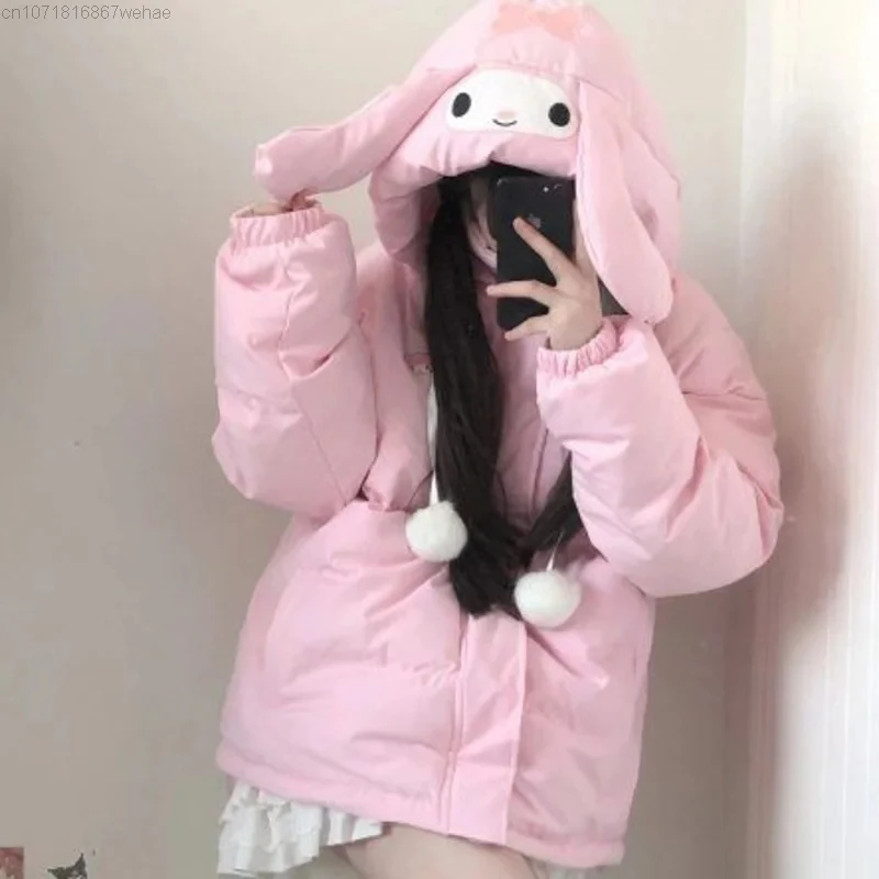 kawaii My Melody coat аниме розовое хлопчатобумажное пальто из овечьей шерсти хлопчатобумажная одежда для милых девочек Осенне-зимнее утепленное пальто тренд Универсальности