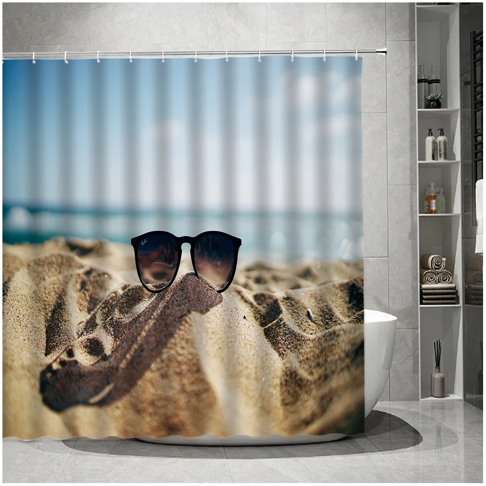 Морской пейзаж Маяк Занавеска для душа Картины о тропическом океане Пейзаж Занавески для ванной комнаты Водонепроницаемые с крючками Экран