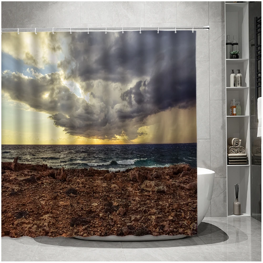Морской пейзаж Маяк Занавеска для душа Картины о тропическом океане Пейзаж Занавески для ванной комнаты Водонепроницаемые с крючками Экран