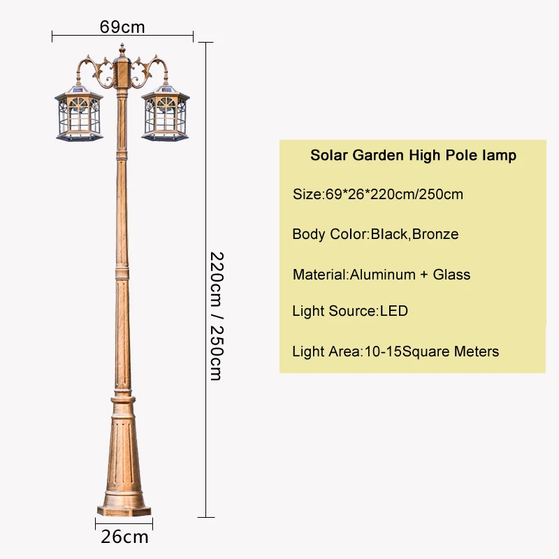 Солнечный уличный фонарь в европейском стиле, наружный Водонепроницаемый садовый светильник, газон во дворе виллы, Двухголовый высокий столб (2,2 М ~ 2,5 м), ландшафтный светильник
