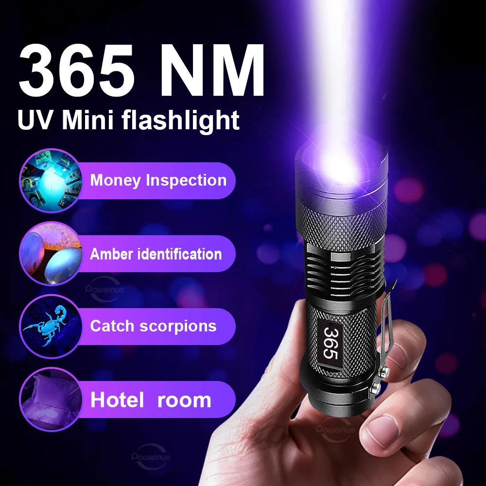 Высококачественный Мини-УФ-фонарик Светодиодный Ультрафиолетовый Портативный фонарик с зумом 365нм, Лампа для обнаружения ультрафиолетовых лучей, Инструменты для обнаружения пятен мочи