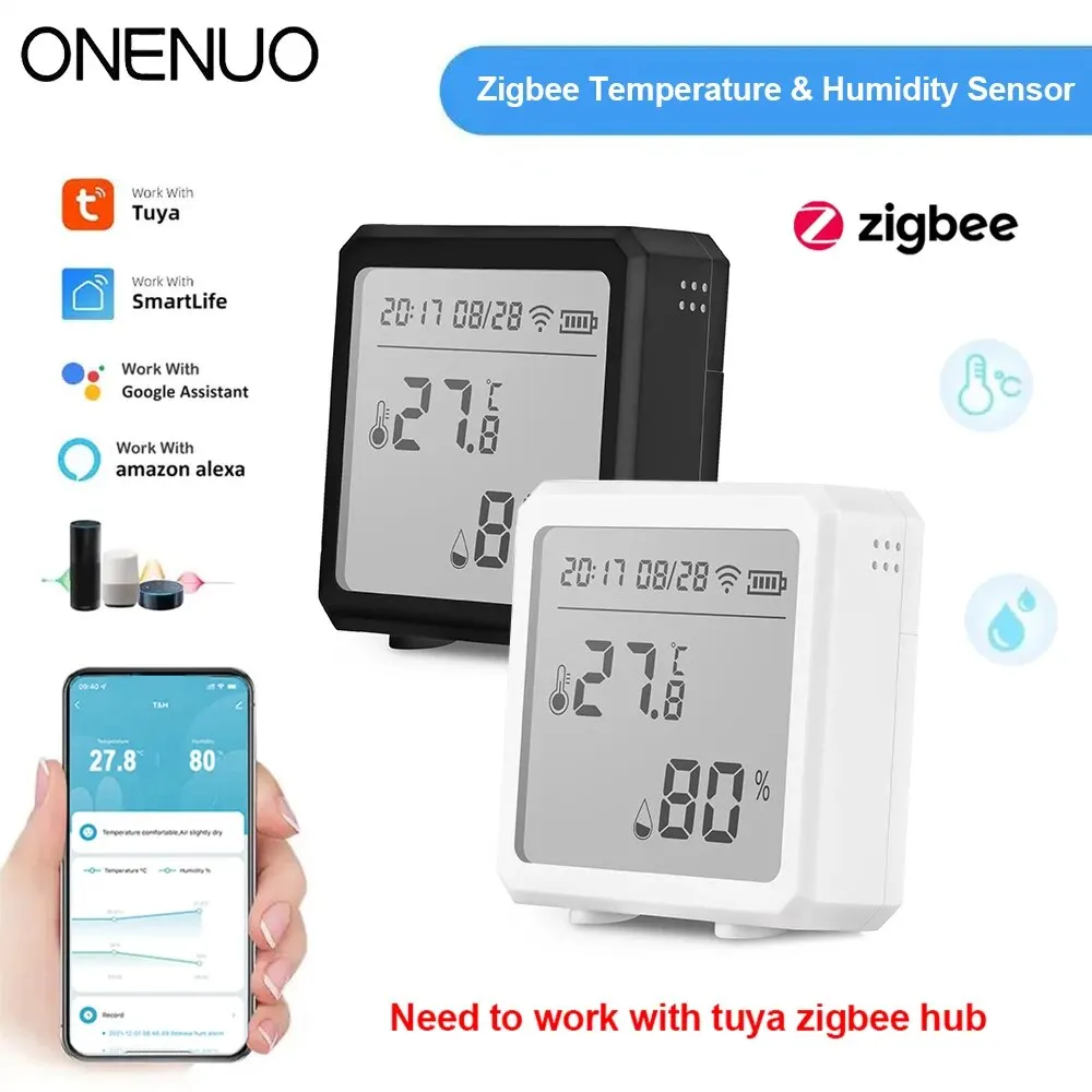 Датчик температуры и влажности ONENUO Tuya Zigbee с ЖК-экраном и цифровым дисплеем Беспроводной термометр Работает с Alexa Google