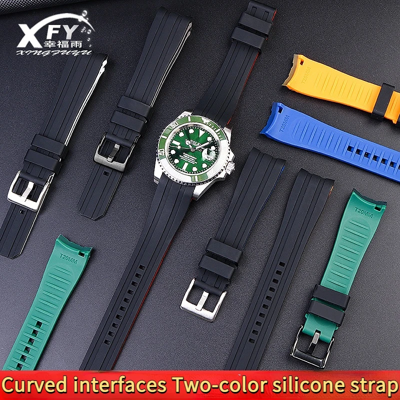 Двухцветный силиконовый ремешок Rolex Citizen Seiko, аксессуары для мужских часов, ремешок для часов с дугообразным выступом, браслет, ремешок для часов 20 мм 22 мм