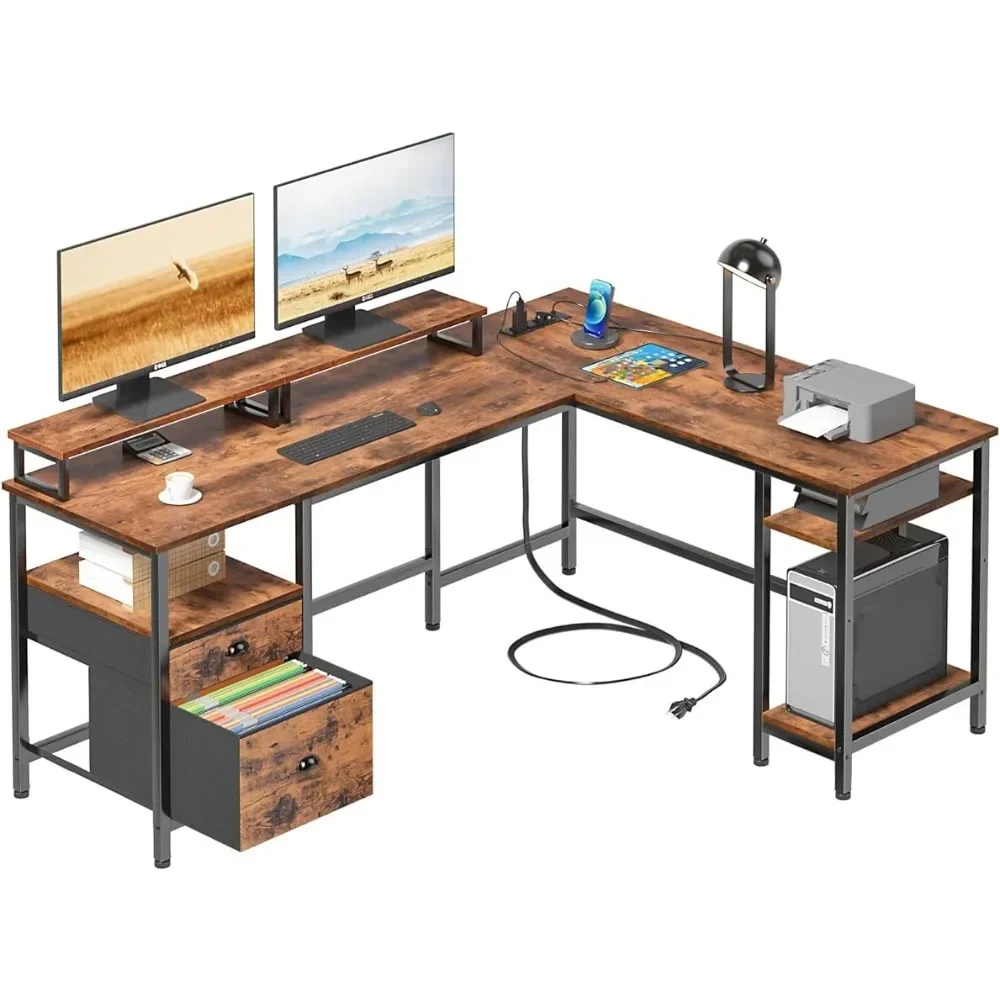 66-дюймовый L-образный стол с Розеткой, Офисный стол с Полками для хранения, Реверсивный Компьютерный стол с Ящиком для Папок и 2 Подставками для мониторов