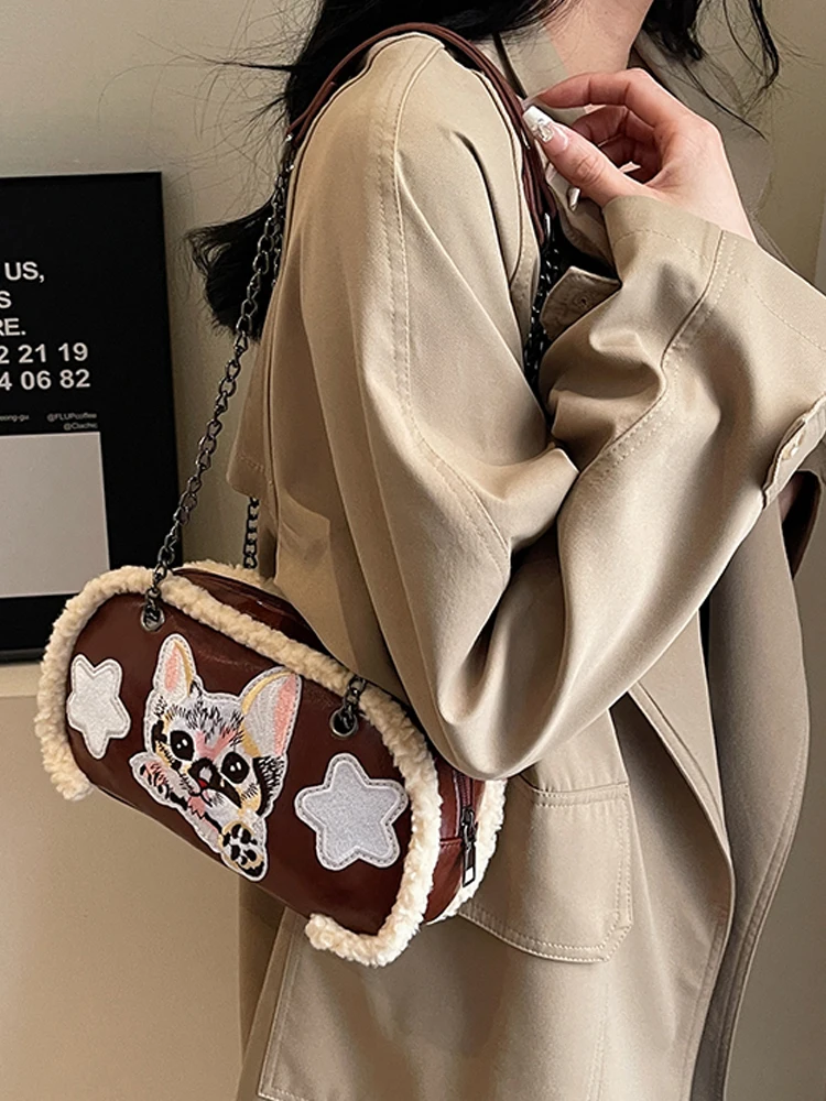 Новинка зимы 2023, женская плюшевая сумка через плечо, дизайнерский бренд, с аппликацией в виде милого кота, сумки через плечо из искусственного меха ягненка, Корейская женская сумка для поездок на работу