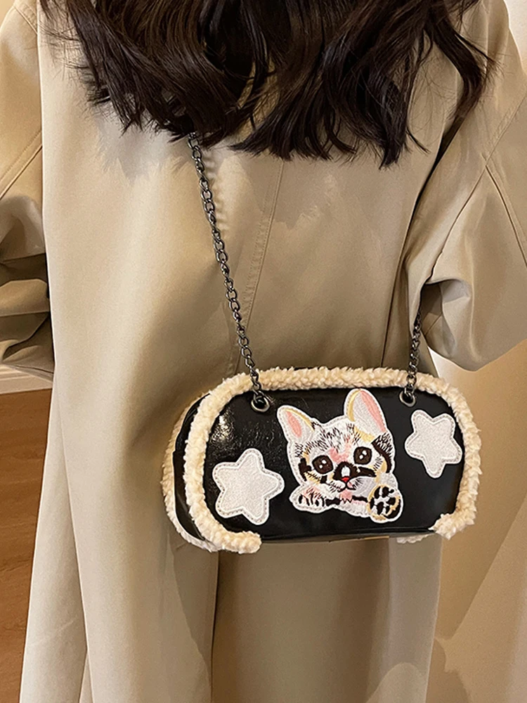 Новинка зимы 2023, женская плюшевая сумка через плечо, дизайнерский бренд, с аппликацией в виде милого кота, сумки через плечо из искусственного меха ягненка, Корейская женская сумка для поездок на работу