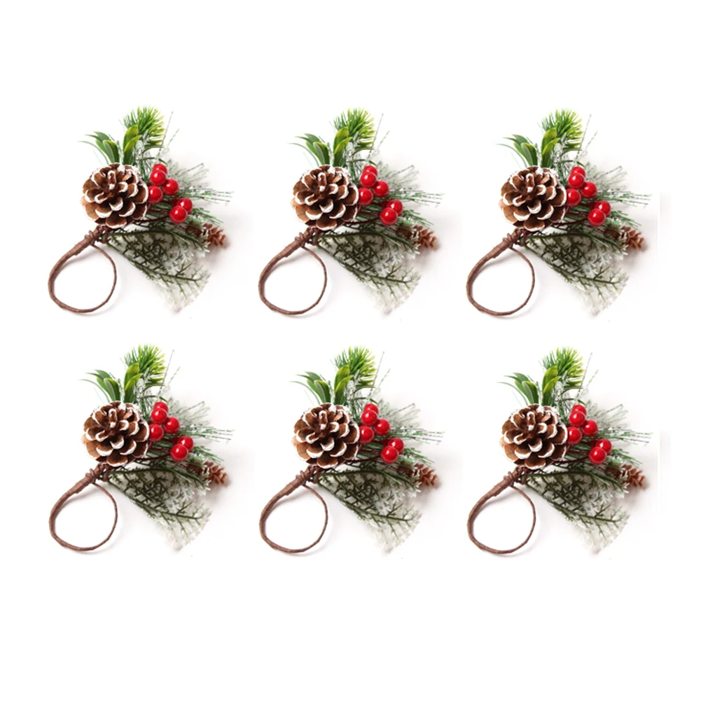 Кольца для салфеток Набор из 6 ягод с сосновыми иголками, Рождество, День благодарения, Сельский фермерский дом, Держатели колец для салфеток
