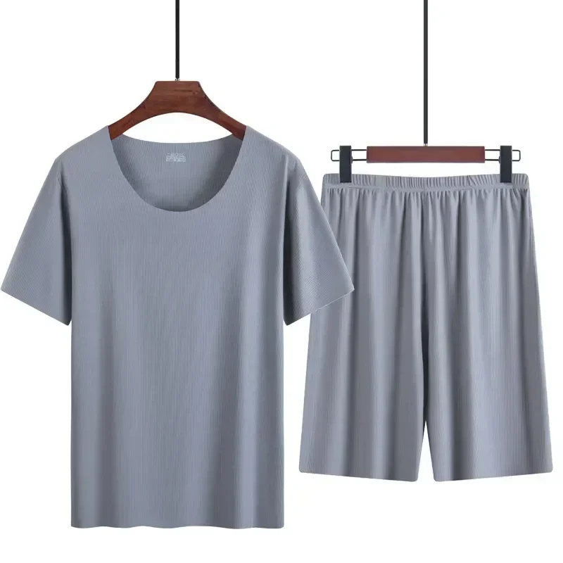 Бесшовные повседневные комплекты для дома для шорт с короткими рукавами, пижамы, летняя мужская одежда с тонким вырезом, мужские пижамы