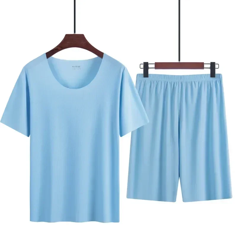 Бесшовные повседневные комплекты для дома для шорт с короткими рукавами, пижамы, летняя мужская одежда с тонким вырезом, мужские пижамы