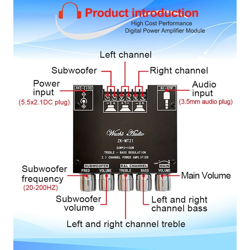 Лучшие предложения ZK-MT21 2.1-Канальный Bluetooth 5.0 Плата Усилителя Сабвуфера Мощностью 50WX2 + 100 Вт Плата Стереоусилителя Звука Bass AMP AUX