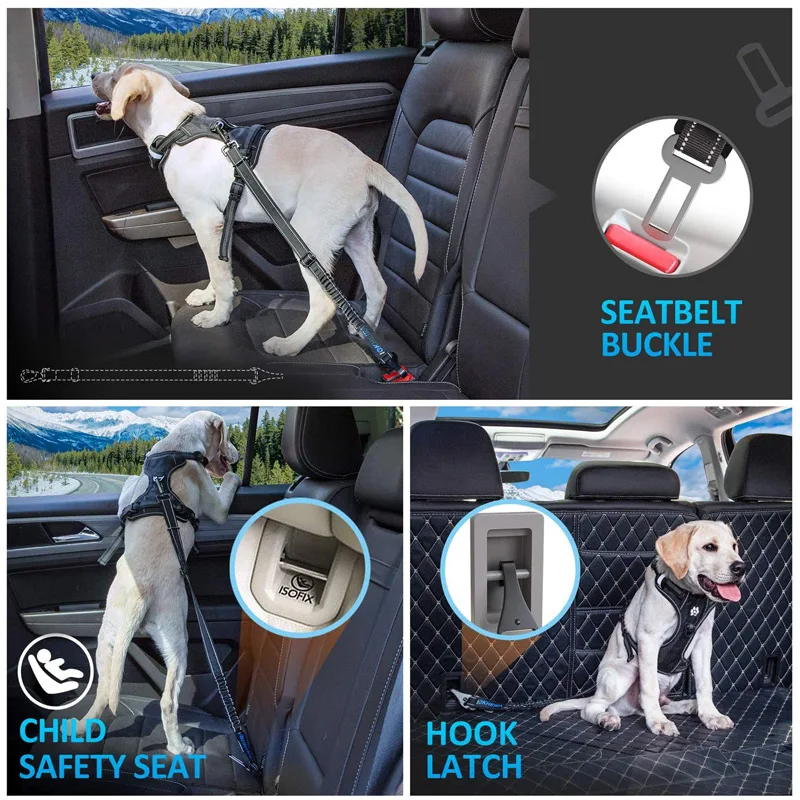 Ремень безопасности автомобиля для собак 3-в-1, поводок для собак, ремень безопасности автомобиля, Регулируемая амортизирующая эластичная светоотражающая веревка, автомобильная упряжь, товары для домашних животных