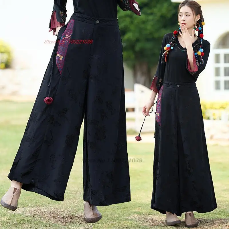 2024 китайские традиционные брюки harajuku с винтажной национальной цветочной вышивкой, женские атласные жаккардовые брюки, восточные этнические брюки