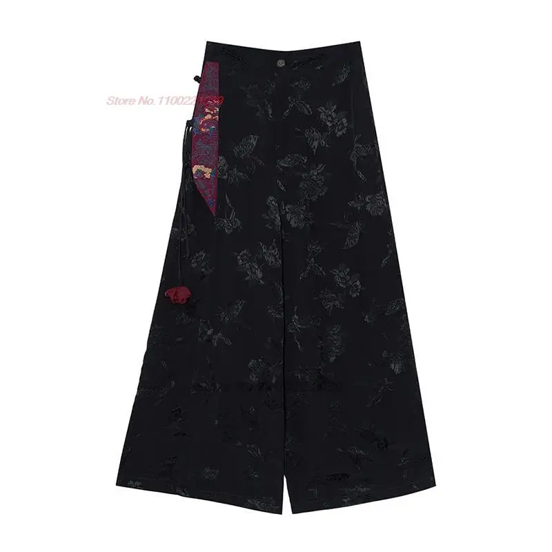 2024 китайские традиционные брюки harajuku с винтажной национальной цветочной вышивкой, женские атласные жаккардовые брюки, восточные этнические брюки