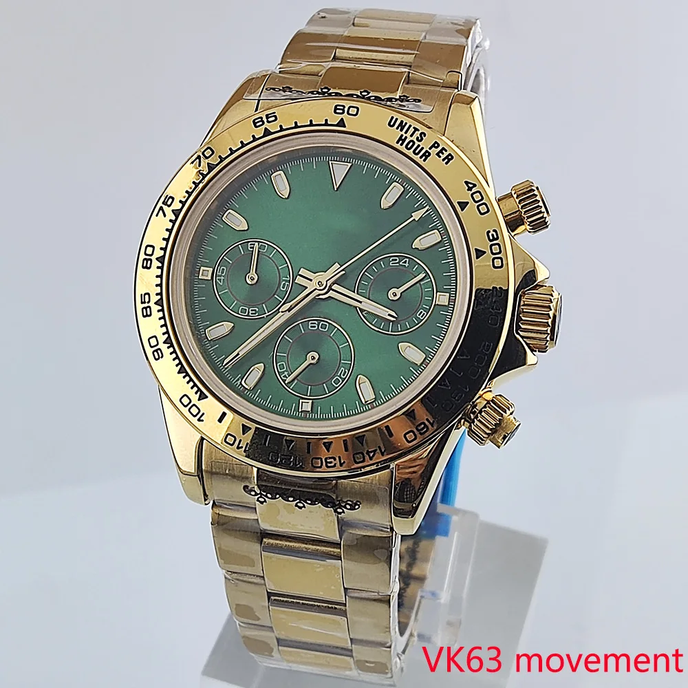 мужские кварцевые часы 39 мм VK63, часы с кодом времени, циферблат в виде панды, зеленое светящееся сапфировое стекло, ремешок из нержавеющей стали 20 мм, мужские часы b