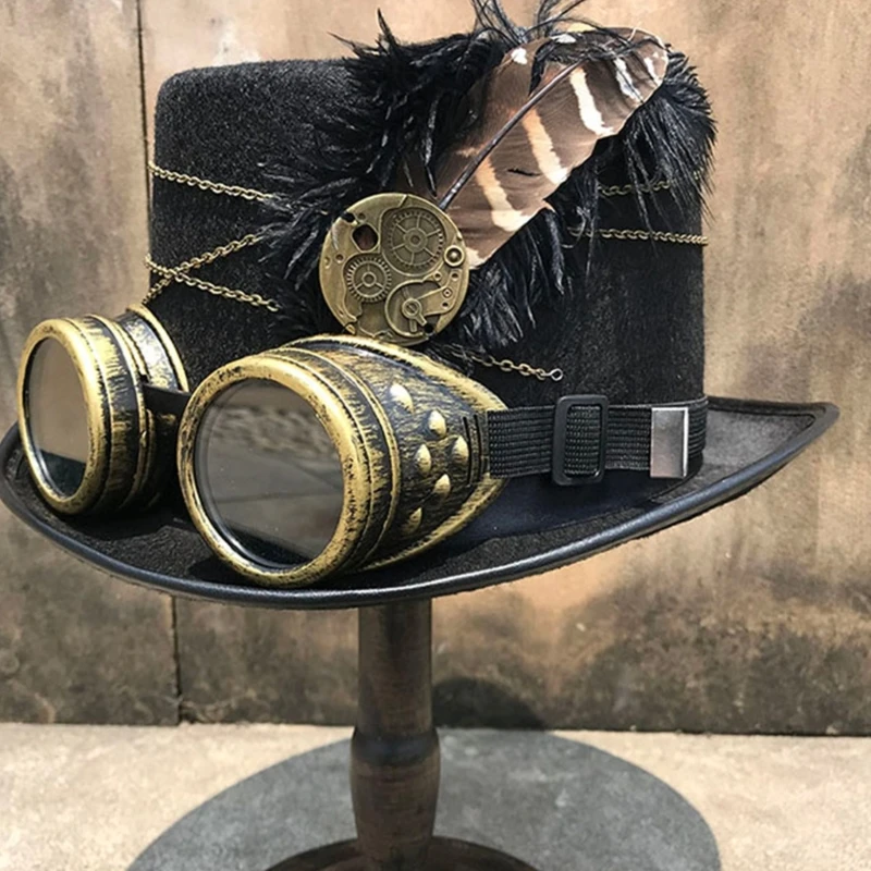Стимпанк-цилиндр, шерстяной фетр, Викторианская шляпа с защитными очками и пером, унисекс-костюм, верхняя кепка, готическая кепка хиппи, реквизит для косплея.