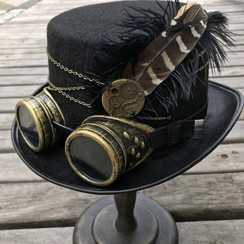 Стимпанк-цилиндр, шерстяной фетр, Викторианская шляпа с защитными очками и пером, унисекс-костюм, верхняя кепка, готическая кепка хиппи, реквизит для косплея.