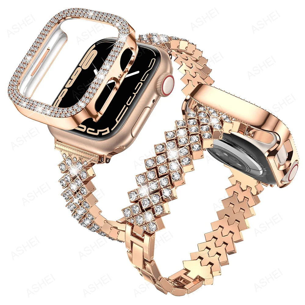 2шт для apple watch case + ремешок серии 7 6 se 5 4 41 мм 40 мм bling Jewelry Металлический Ремешок Чехол для iWatch 45 мм 41 мм Женский Браслет
