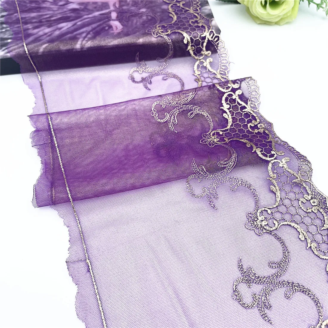 3y/лот Ширина 18 см Абрикосово-фиолетовый Блестящая фольга Золотая вышивка Кружевная отделка для подола юбки Материал для шитья одежды Ткань для одежды своими руками
