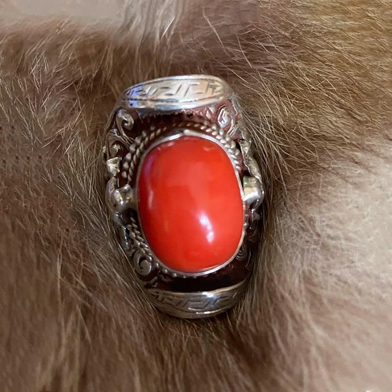 Новое мужское кольцо с геометрической формой из южного красного турмалина в этническом стиле, регулируемое грубое и властное ювелирное изделие высокого класса