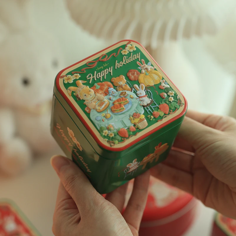 1 ШТ. Жестяная коробка для хранения конфет с домашним кроликом, Квадратная Рождественская 3D Металлическая коробка, органайзер для чая и кофе, детские подарки, декор для свадьбы