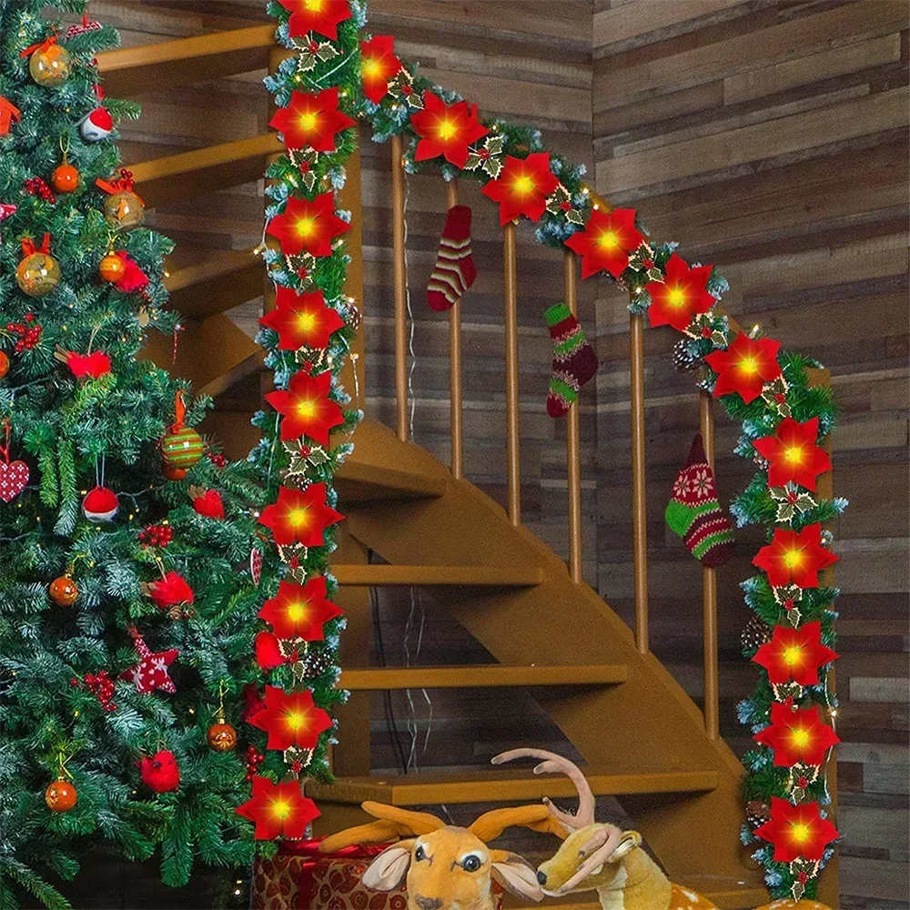 Рождественская гирлянда из пуансеттии Thrisdar с красными ягодами и листьями Падуба, рождественский гирлянда из искусственных цветов на батарейках, Рождественский гирлянда
