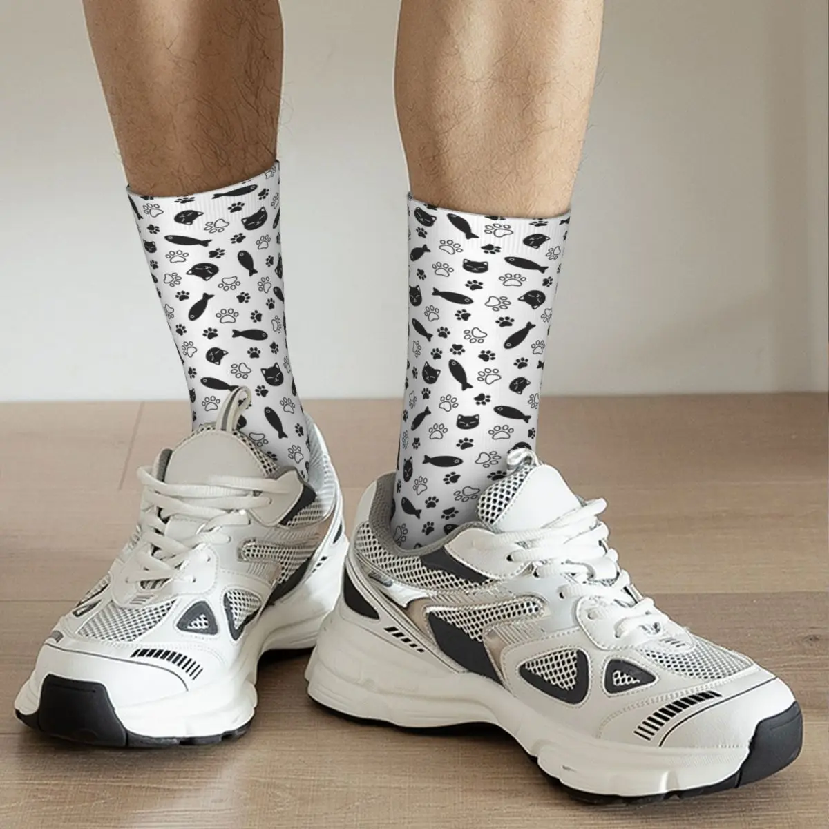 Бесшовные мужские носки с рисунком рыбьей лапы и кота с забавными мультяшными животными средней длины Мягкие хлопчатобумажные носки