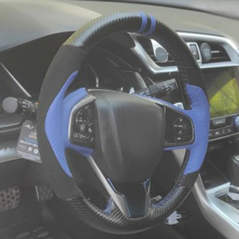 Чехол для рулевого колеса, сшитый вручную из углеродного волокна, кожаный замшевый чехол 38 см для Honda Civic 10-го поколения 2016-2021