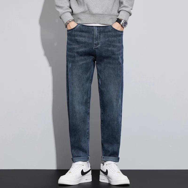 Весенние новые мужские облегающие эластичные толстые джинсы, простые роскошные повседневные Удобные мужские джинсовые брюки, Высококачественная брендовая одежда